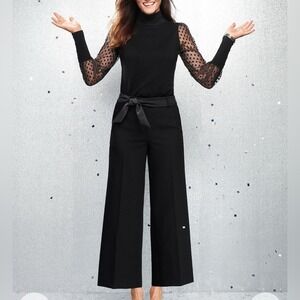 Talbots Tie Waist Wide Leg Crop Elegant Black Flat Front Trousers WMs Small NWOT